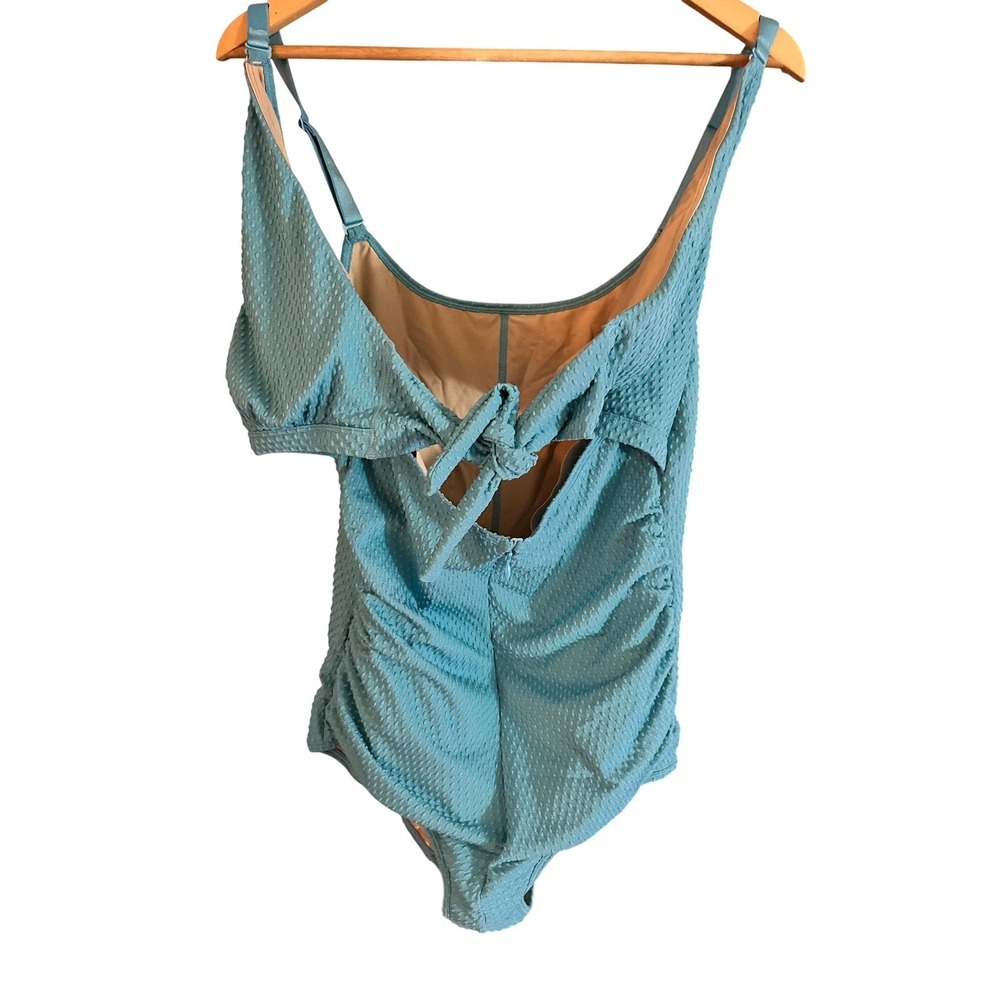 Ruched One Piece‎ Swimsuit Tie Back Detail Light Blue 3XL